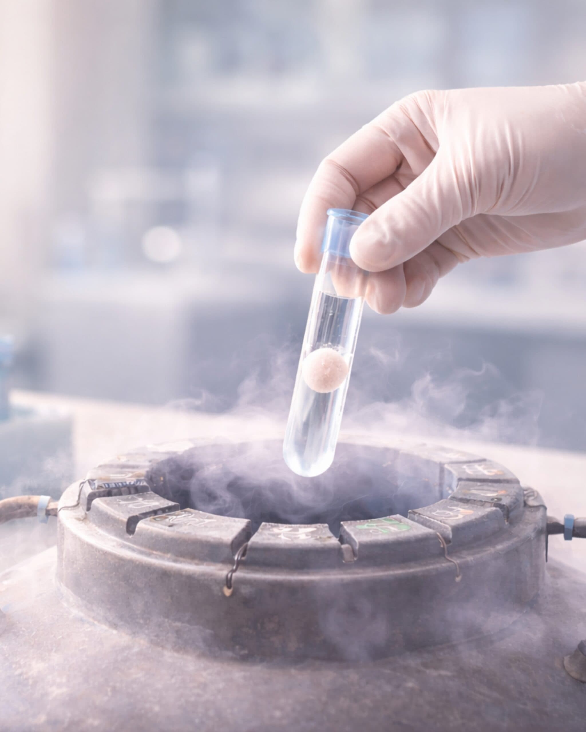 An embryo storage straw being lifted from liquid nitrogen