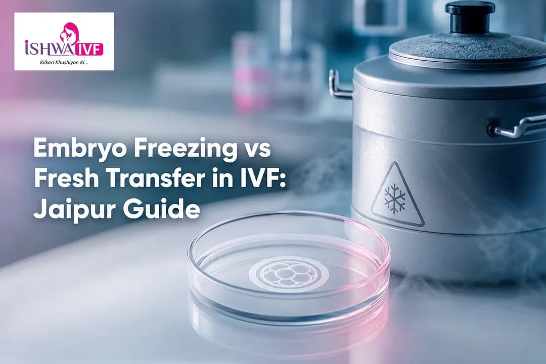 Illustration of cryogenic tank and petri dish comparing embryo freezing and fresh transfer in IVF.