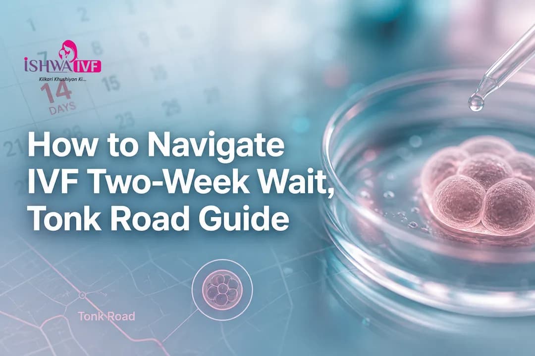 Premium cover image illustrating the IVF two-week wait with lab icons and a 14‑day calendar