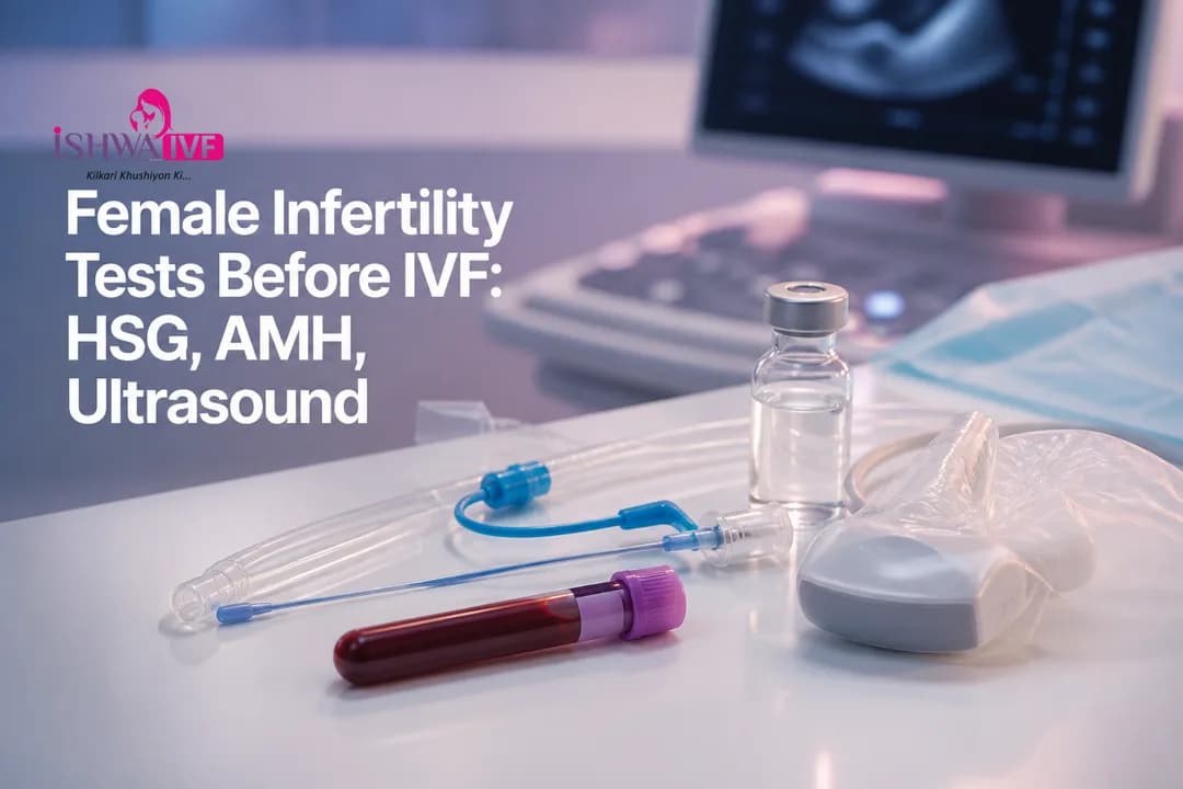 Diagnostic tools representing IVF female tests, including HSG, AMH blood sample, and ultrasound equipment.