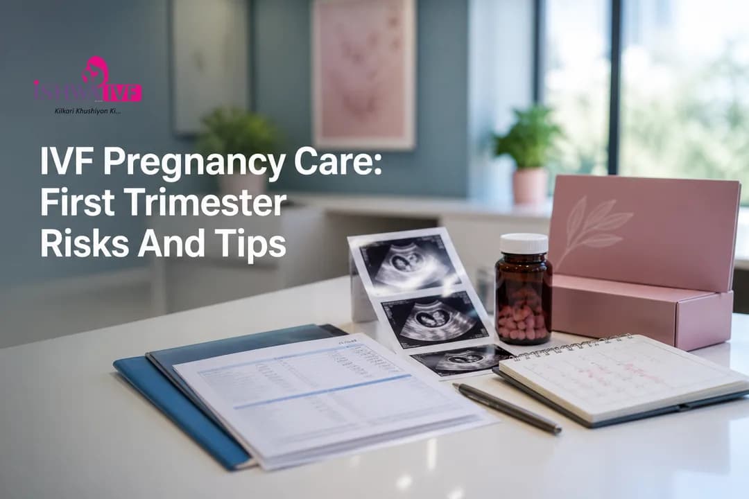 Ultrasound reports, calendar, and prenatal supplements representing IVF pregnancy care in the first trimester.