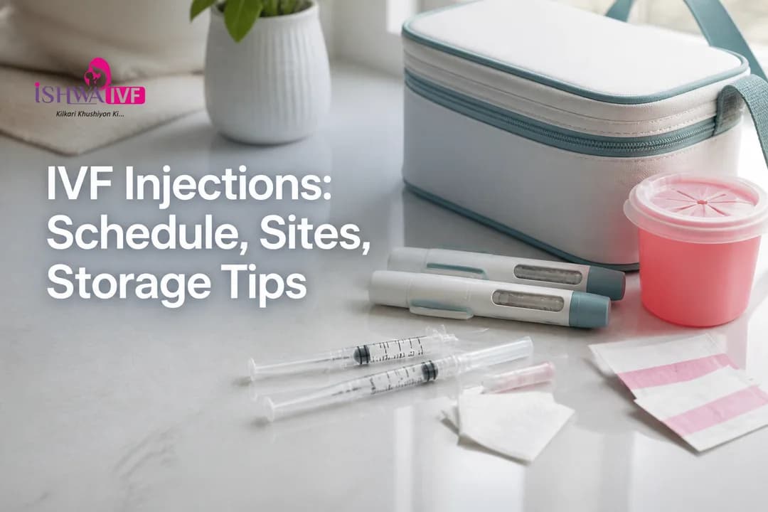 Organized IVF injections supplies showing syringes, swabs, and cooler storage for proper scheduling and handling.