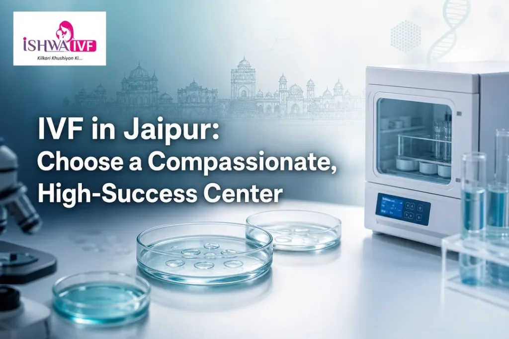 Clean cover illustrating IVF in Jaipur with lab glassware and a Jaipur skyline.