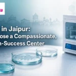 Clean cover illustrating IVF in Jaipur with lab glassware and a Jaipur skyline.