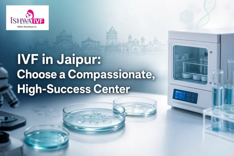 Clean cover illustrating IVF in Jaipur with lab glassware and a Jaipur skyline.