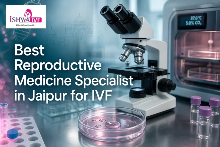 Clean IVF laboratory cover visual with microscope, petri dish, and gentle teal tones.