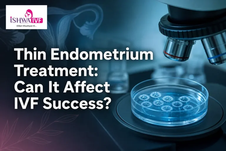 Abstract medical cover showing uterus and lab tools, illustrating thin endometrium treatment and its impact on IVF success.