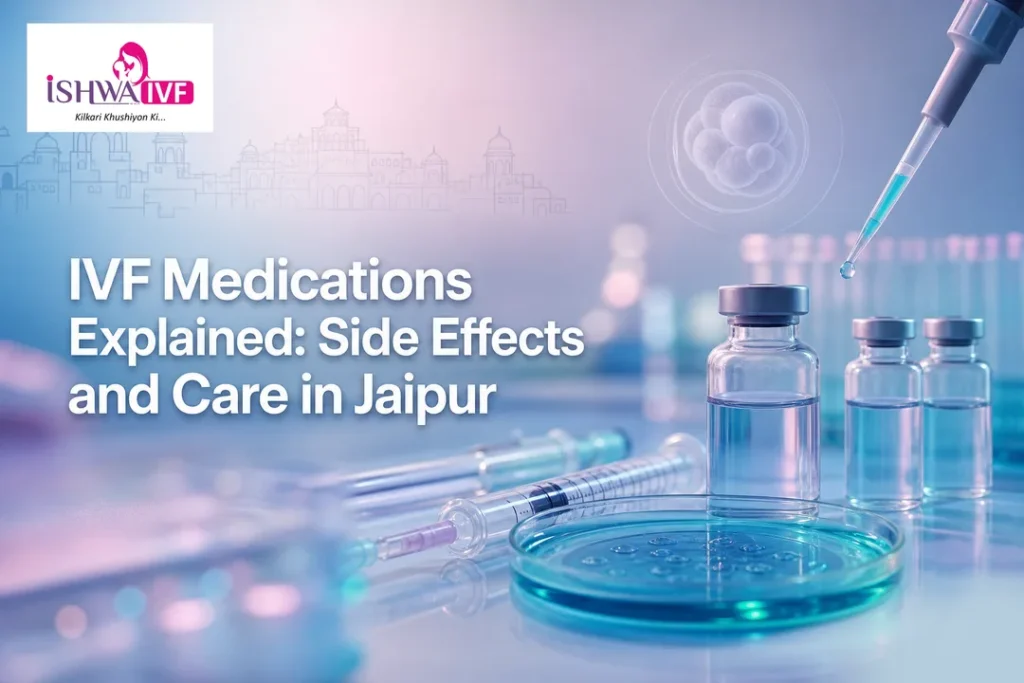 IVF medications with lab vials and Jaipur backdrop illustrating safe IVF care.