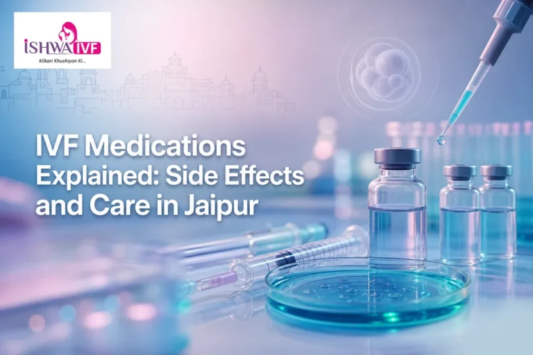 IVF medications with lab vials and Jaipur backdrop illustrating safe IVF care.
