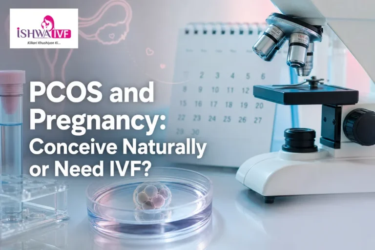 Premium medical cover illustrating PCOS choices and IVF in a clean fertility lab theme.