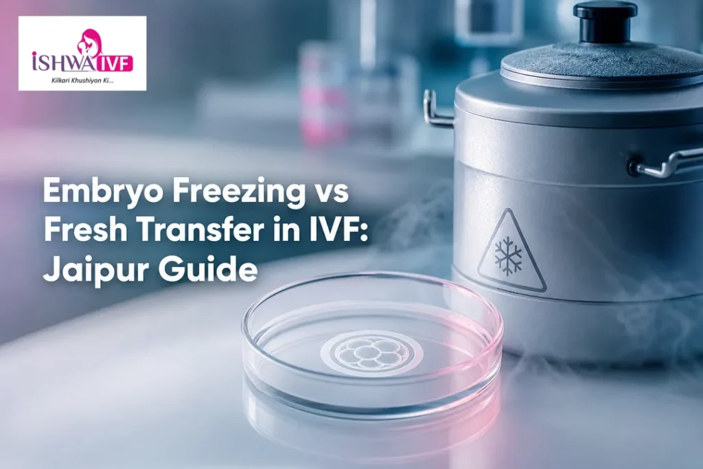 Illustration of cryogenic tank and petri dish comparing embryo freezing and fresh transfer in IVF.