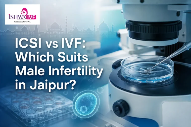 Clean medical cover showing IVF and ICSI lab elements for a Jaipur fertility guide