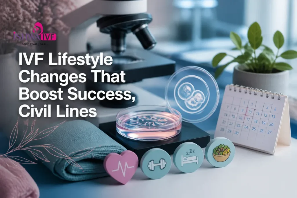 Clean medical cover showing IVF lab elements and icons that illustrate IVF lifestyle changes.