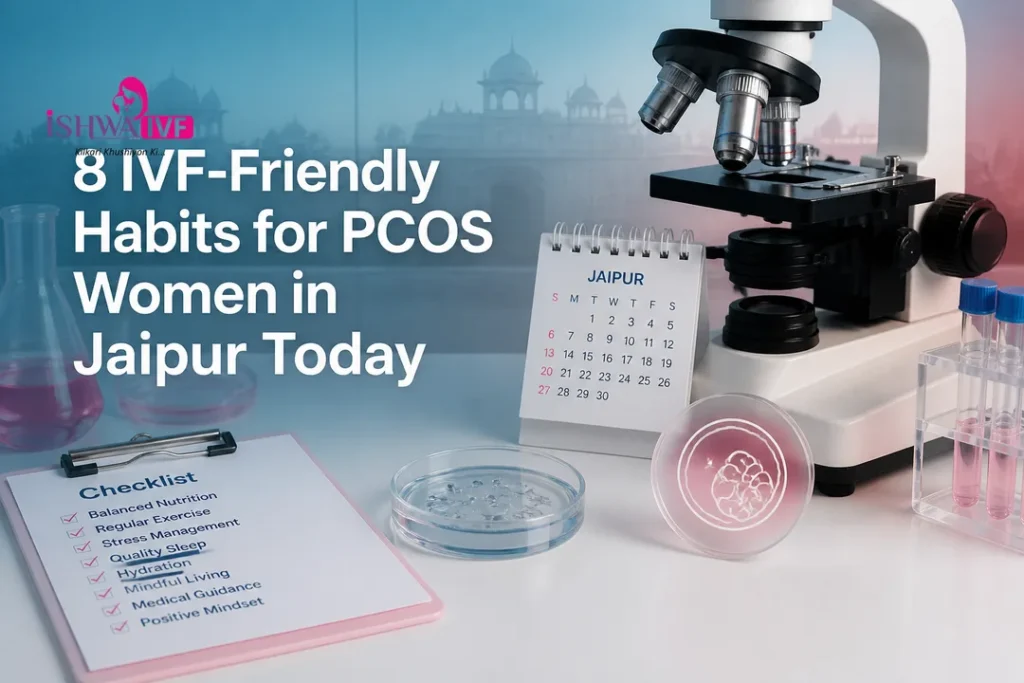 Elegant still life of a clean lab scene illustrating IVF tools and planning elements in Jaipur colors.