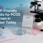 Elegant still life of a clean lab scene illustrating IVF tools and planning elements in Jaipur colors.