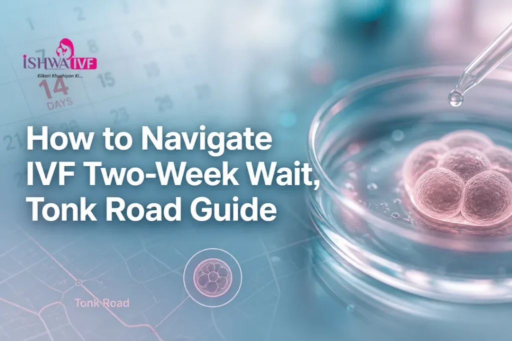 Premium cover image illustrating the IVF two-week wait with lab icons and a 14‑day calendar