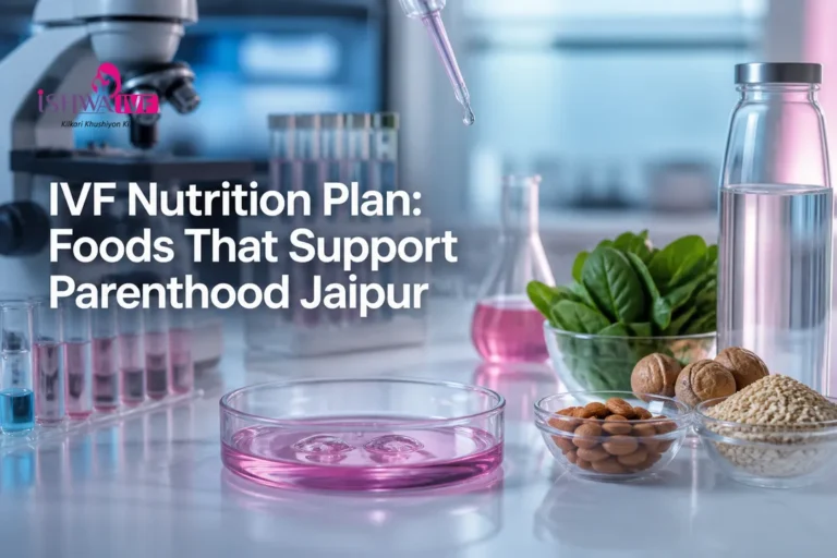 Clean medical cover showing foods and lab elements for an IVF Nutrition Plan in Jaipur.