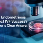 Abstract IVF lab scene illustrating IVF Success in the context of endometriosis.