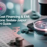 Clean medical cover image illustrating IVF cost and EMI planning with lab elements and rupee icons.