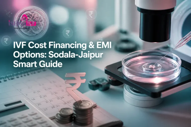 Clean medical cover image illustrating IVF cost and EMI planning with lab elements and rupee icons.