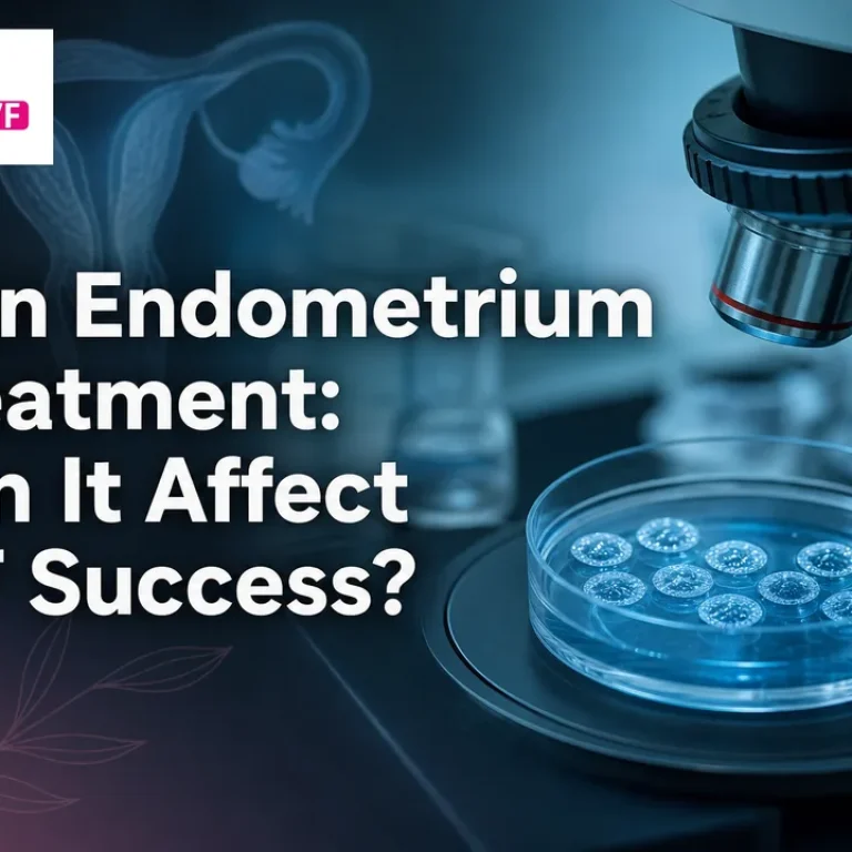 Abstract medical cover showing uterus and lab tools, illustrating thin endometrium treatment and its impact on IVF success.