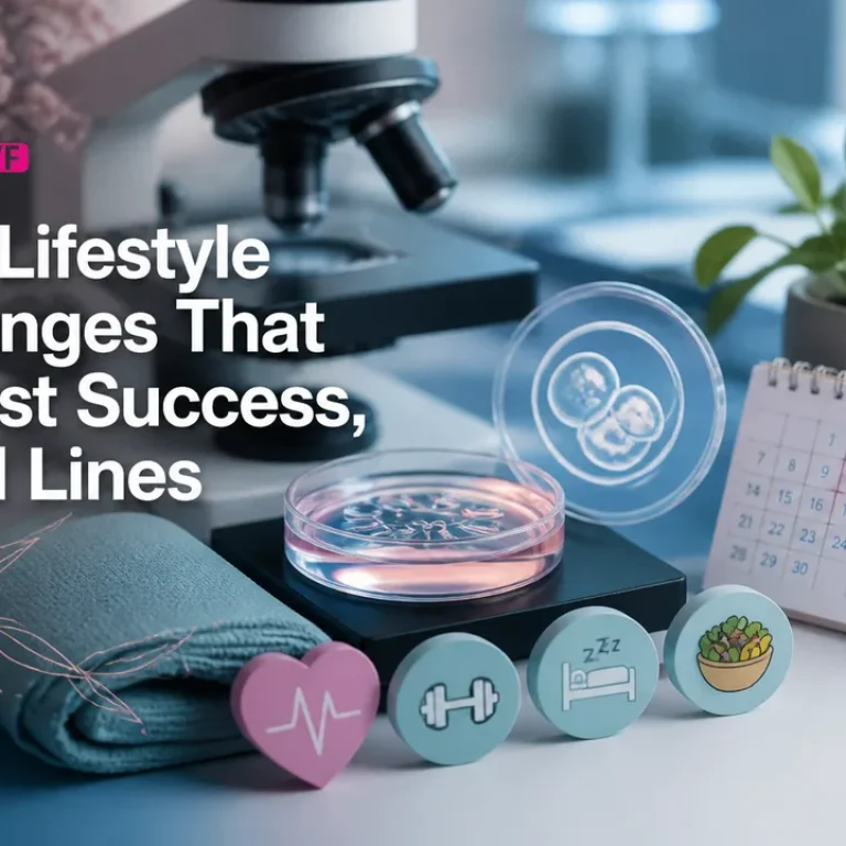 Clean medical cover showing IVF lab elements and icons that illustrate IVF lifestyle changes.