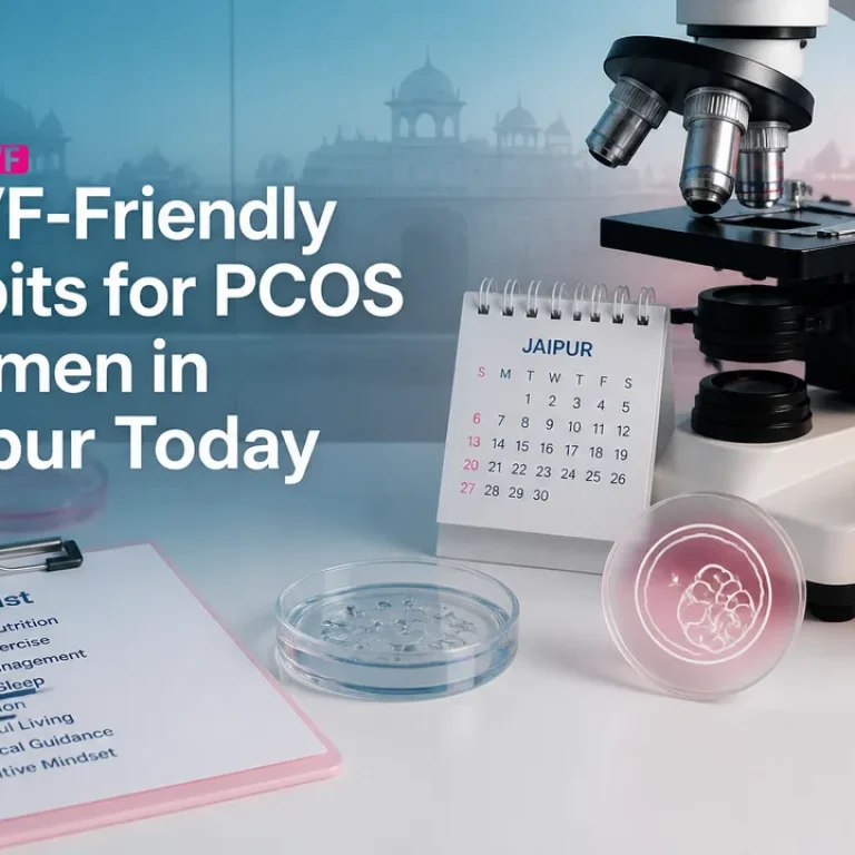 Elegant still life of a clean lab scene illustrating IVF tools and planning elements in Jaipur colors.