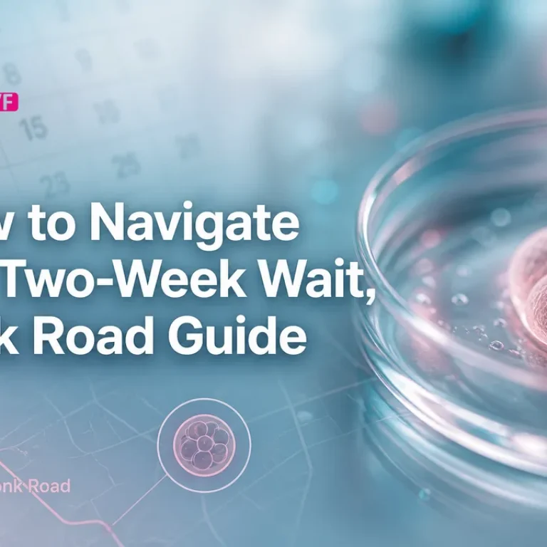 Premium cover image illustrating the IVF two-week wait with lab icons and a 14‑day calendar