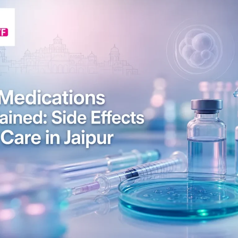 IVF medications with lab vials and Jaipur backdrop illustrating safe IVF care.