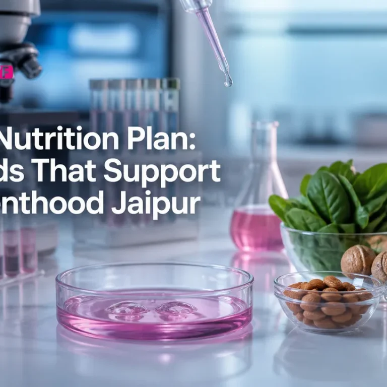 Clean medical cover showing foods and lab elements for an IVF Nutrition Plan in Jaipur.