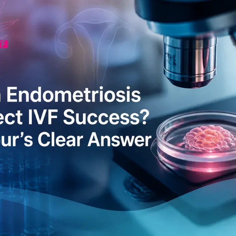 Abstract IVF lab scene illustrating IVF Success in the context of endometriosis.