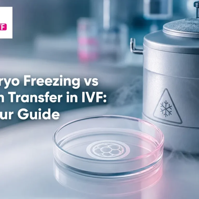 Illustration of cryogenic tank and petri dish comparing embryo freezing and fresh transfer in IVF.