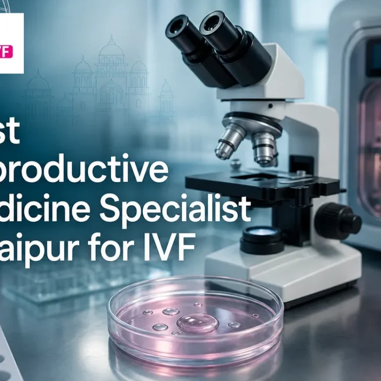 Clean IVF laboratory cover visual with microscope, petri dish, and gentle teal tones.