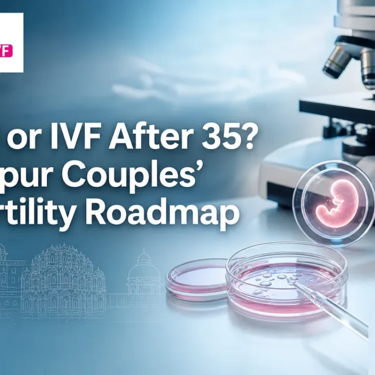 Premium healthcare cover showing lab elements for IVF After 35 in Jaipur